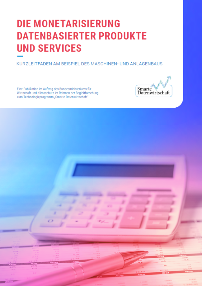 Titelbild des Leitfadens zur Monetarisierung datenbasierter Produkte und Services: Zu sehen ist ein blau-rotes Cover mit einem Taschenrechner.